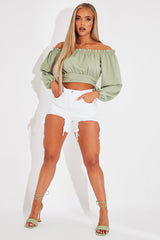 Sage Elasticated Bardot Crop Top - Amelia