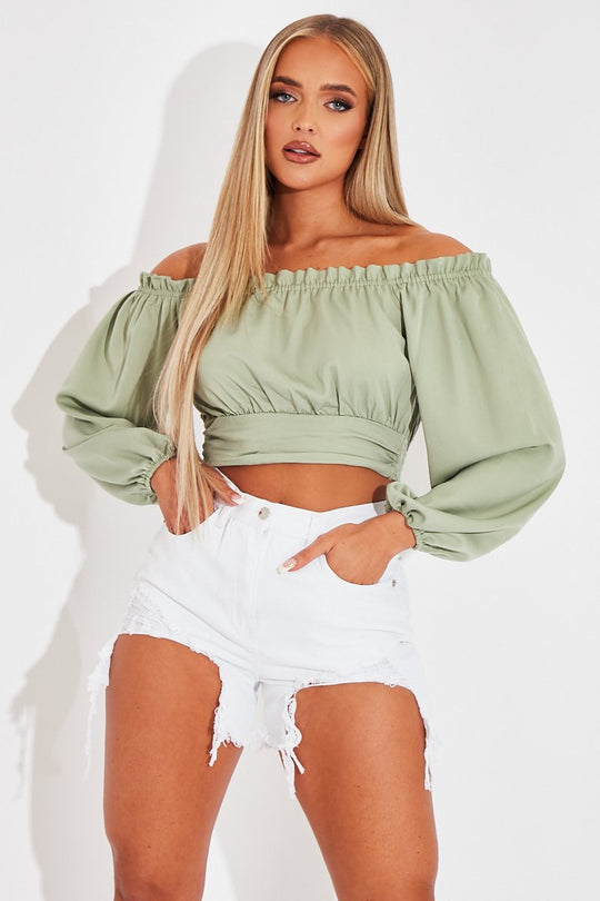 Sage Elasticated Bardot Crop Top - Amelia