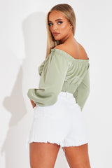 Sage Elasticated Bardot Crop Top - Amelia