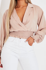 Nude Plunge Shirred Waist Top - Ciera
