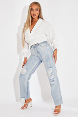 White Plunge Shirred Waist Top - Ciera