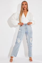 White Plunge Button Front Top - Zamina