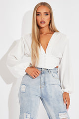 White Plunge Button Front Top - Zamina