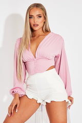 Pink Plunge Button Front Top - Zamina