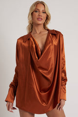 Rust Satin Extreme Cowl Neck Shirt - Luca