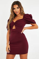 Wine Twist Front Puff Sleeve Mini Dress - Dalexa