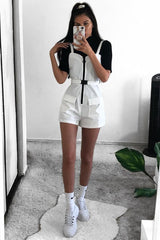White Plunge Belted Waist Sleeveless Playsuit - Kerstyn