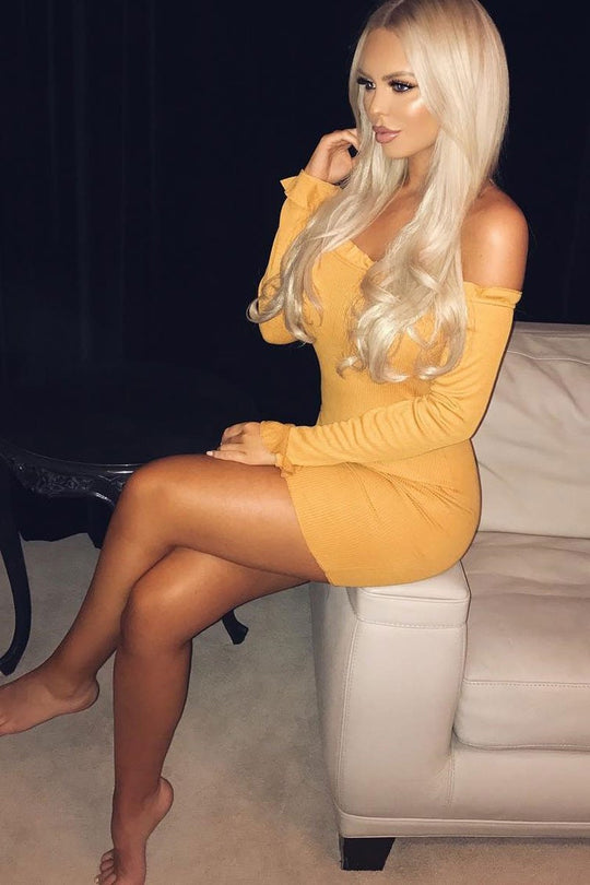 Mustard Ribbed Ruffle Long Sleeve Bardot Dress - Madison