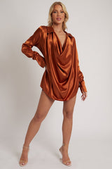 Rust Satin Extreme Cowl Neck Shirt - Luca