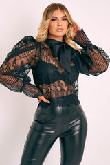 Black Mesh Embroidery Design Bow Neck Blouse - Jackson