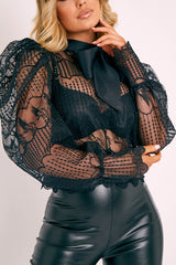 Black Mesh Embroidery Design Bow Neck Blouse - Jackson