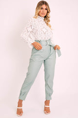 Sage Ring Belt Straight Leg PU Trousers - Jazmine