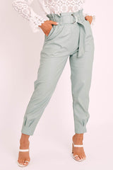 Sage Ring Belt Straight Leg PU Trousers - Jazmine