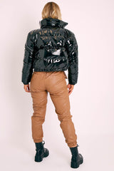Black Vinyl Cropped Puffer Jacket - Zyonna