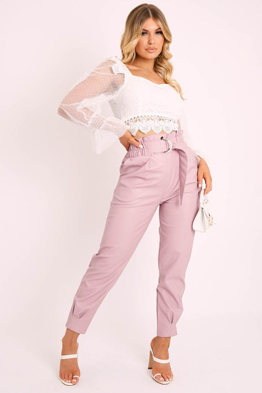 Pink Ring Belt Straight Leg PU Trousers - Jazmine