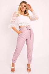 Pink Ring Belt Straight Leg PU Trousers - Jazmine