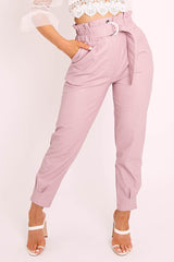 Pink Ring Belt Straight Leg PU Trousers - Jazmine