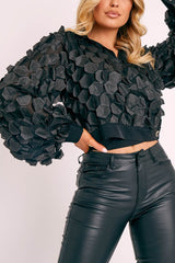 Black Geometric Applique Button Front Cropped Shirt - Kabella