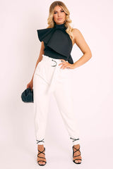 White Ring Belt Straight Leg PU Trousers - Jazmine