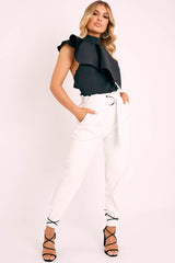White Ring Belt Straight Leg PU Trousers - Jazmine