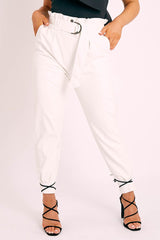 White Ring Belt Straight Leg PU Trousers - Jazmine
