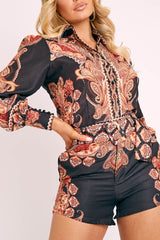 Black Brown Paisley Belted Short and Shirt Co-ord - Rudy