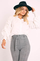 White Ruched Sleeve Collarless Shirt - Sarah
