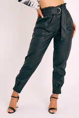 Black Ring Belt Straight Leg PU Trousers - Jazmine