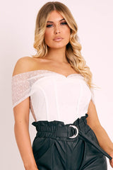 White Polka Dot Mesh Bardot Bodysuit - Sallie