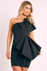 Black Scuba One Shoulder Pleated Bodycon Dress - Pollie