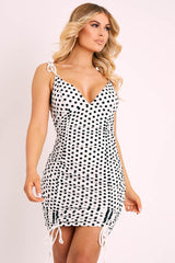 White Polka Ruched Tie Bodycon Dress - Breta