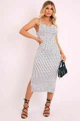 White Polka Cowl Neck Lace Back Midi Dress - Gracia
