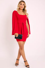 Red Cape Sleeve Bodycon Dress - Fearne