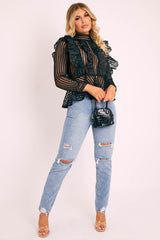 Black Lace High Neck Zip Back Blouse - Abree