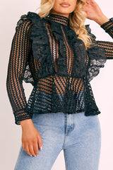 Black Lace High Neck Zip Back Blouse - Abree
