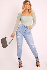 Sage Ruched Body Mesh Sleeve Bodysuit - Raeya