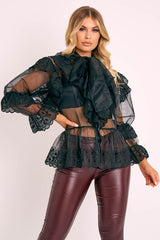 Black Organza Oversized Floral Lace Shirt - Jeana