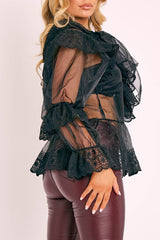 Black Organza Oversized Floral Lace Shirt - Jeana