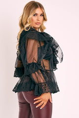 Black Organza Oversized Floral Lace Shirt - Jeana