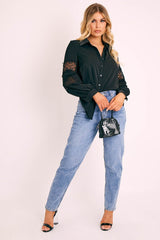 Black Lace Sleeve Button Up Shirt - Eislee