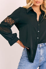 Black Lace Sleeve Button Up Shirt - Eislee