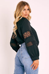 Black Lace Sleeve Button Up Shirt - Eislee