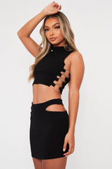 Black Side Ring Detail Ribbed Crop Top - Marisella