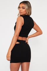 Black Side Ring Detail Ribbed Crop Top - Marisella