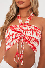 Red Ruched Tie Dye Tie Neck Crop Top - Joyce