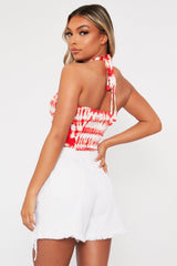 Red Ruched Tie Dye Tie Neck Crop Top - Joyce