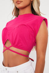 Pink Hem Tie Shoulder Pad Crop Top - Riya
