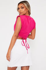 Pink Hem Tie Shoulder Pad Crop Top - Riya