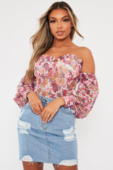 White Floral Bardot Off The Shoulder Mesh Bodysuit - Hayle