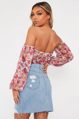 White Floral Bardot Off The Shoulder Mesh Bodysuit - Hayle